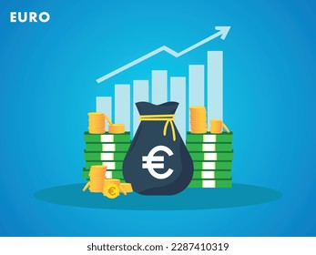 El concepto de crecimiento de la moneda del euro a éxito. La tabla de bolsas de dinero aumenta las ganancias. Concepto de crecimiento empresarial. Diseño de ilustración de vector