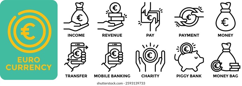 Euro currency icon collection set.Containing income, revenue, pay, payment, money, transfer, mobile banking, charity, piggy bank and money bag icon.Simple line vector illustration.