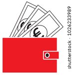 Euro currency icon or logo vector on notes popping out of a wallet. Symbol for European Union bank, banking or Europe Eurozone finances