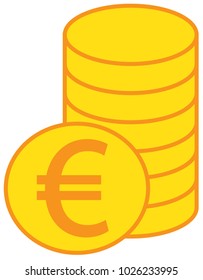 Euro-Währungssymbol oder Logo-Vektorgrafik auf einem Stapel von Münzen stapeln. Symbol für die Finanzen der Bank, des Bankwesens oder der Eurozone in der Europäischen Union