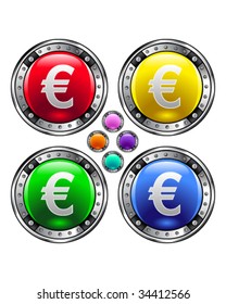 Euro currency icon on round colorful vector buttons suitable for use on websites, in print materials or in advertisements.  Set includes red, yellow, green, and blue versions.