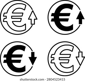 Euro currency icon set displaying international exchange rate changes, European money value trends rising and falling, black and white market vector graphics