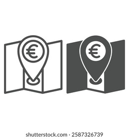 Euro currency location point line and solid icon, banking concept. Vector graphics. Map with euro location pin sign on white background, outline style icon for mobile or web design