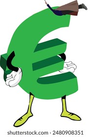 Euro currency mascot holding businessman upside down