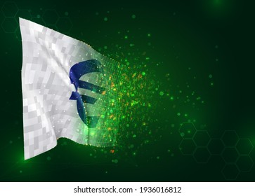 Euro-Währung auf Vektor-3D-Flagge auf grünem Hintergrund mit Polygone und Datennummern