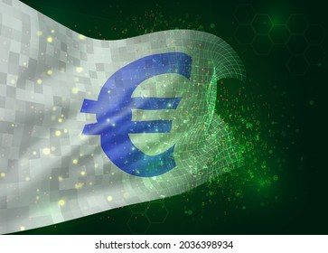 moneda del euro en el indicador vectorial 3d sobre fondo verde con polígonos y números de datos