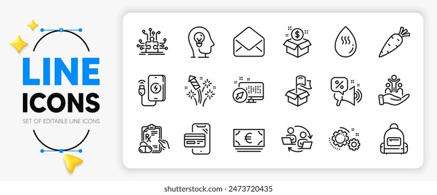 Euro currency, Prescription drugs and Puzzle options line icons set for app include Teamwork process, Delivery location, Hot water outline thin icon. Gears, Discounts offer. Vector