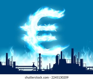 Euro currency sign burns with a blue flame against the backdrop of a pipeline. Energy crisis in Europe. Vector illustration