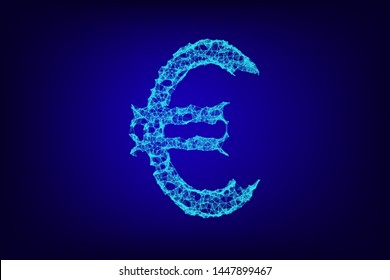 Euro currency sign wireframe digital 3d illustration. Low poly business, data cash, and finance concept with lines, dots, and starry sky on blue background. Vector polygonal neon money symbol RGB