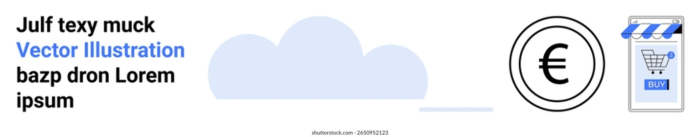 Euro currency symbol in circle, cloud shape, shopping cart with tag on phone, and placeholder text. Ideal for financial websites, e-commerce, business blogs, economic studies, online stores, digital