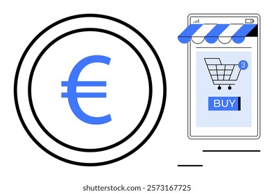 Euro currency symbol next to a smartphone with a shopping cart and buy button on the screen. Ideal for e-commerce, digital transactions, online shopping, currency exchange, and mobile payments