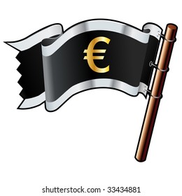 Euro currency symbol on black, silver, and gold vector flag good for use on websites, in print, or on promotional materials