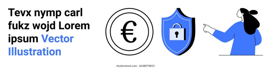 Euro currency symbol, shield with lock icon, and person pointing towards the right. Ideal for financial security, digital transactions, online security, cybersecurity awareness, financial protection