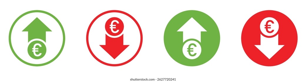 Euro currency trend icons set. Green up arrow and red down arrow with euro symbol, Flat design economy and finance indicators for inflation, deflation, exchange rate movement. Vector illustration.
