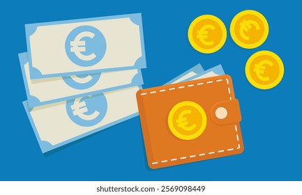 Euro currency and wallet vector illustration. Business or economics concept background featuring euro bills, gold coins and brown wallet