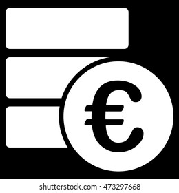 Euro Database icon. Vector style is flat iconic symbol, white color, black background.