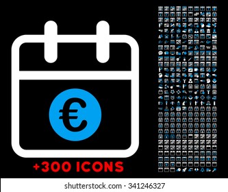 Euro Date vector icon with additional 300 date and time management pictograms. Style is bicolor flat symbols, blue and white colors, rounded angles, black background.