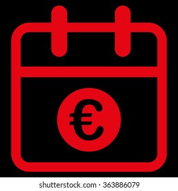 Euro Date vector icon. Style is flat symbol, red color, rounded angles, black background.