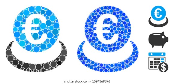 Euro deposit composition of spheric dots in different sizes and color tones, based on Euro deposit icon. Vector filled circles are organized into blue composition.