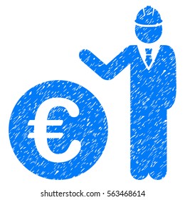 Euro Developer grainy textured icon for overlay watermark stamps. Flat symbol with scratched texture. Dotted vector blue ink rubber seal stamp with grunge design on a white background.