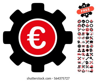 Euro Development Gear icon with bonus setup tools pictograms. Vector illustration style is flat iconic intensive red and black symbols on white background.