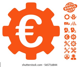 Euro Development Gear icon with bonus configuration pictograph collection. Vector illustration style is flat iconic orange symbols on white background.