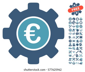 Euro Development Gear icon with bonus service clip art. Vector illustration style is flat iconic cyan and blue symbols on white background.