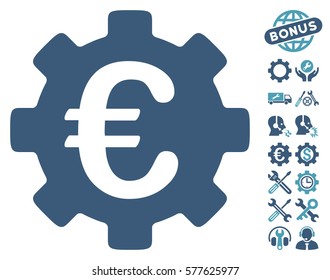 Euro Development Gear icon with bonus tools symbols. Vector illustration style is flat iconic cyan and blue symbols on white background.