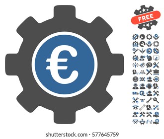 Euro Development Gear icon with bonus configuration pictograph collection. Vector illustration style is flat iconic cobalt and gray symbols on white background.