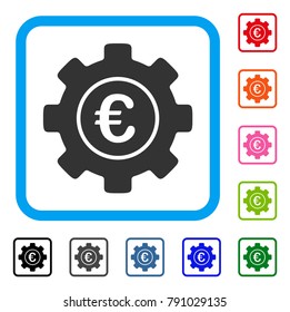 Euro Development Gear icon. Flat gray iconic symbol inside a light blue rounded rectangular frame. Black, gray, green, blue, red, orange color versions of Euro Development Gear vector.