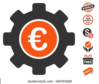 Euro Development Gear icon with free bonus images. Vector illustration style is flat iconic symbols, orange and gray colors, white background.