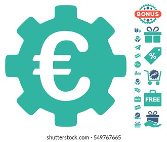 Euro Development Gear icon with free bonus pictograms. Vector illustration style is flat iconic symbols, cobalt and cyan colors, white background.