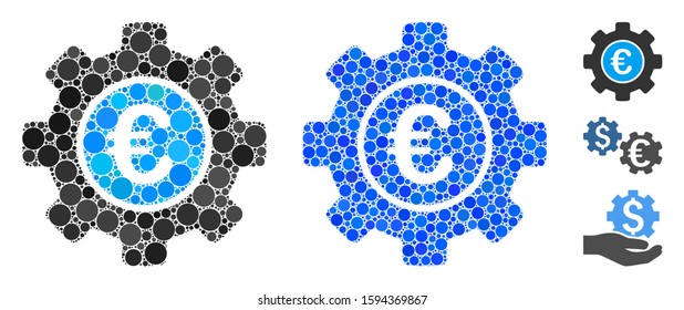 Euro development gear mosaic of small circles in various sizes and color tinges, based on Euro development gear icon. Vector small circles are composed into blue mosaic.