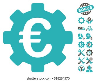 Euro Development Gear pictograph with bonus setup tools design elements. Vector illustration style is flat iconic grey and cyan symbols on white background.