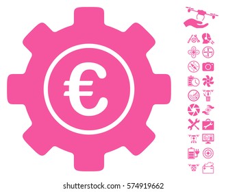 Euro Development Gear pictograph with bonus flying drone service images. Vector illustration style is flat iconic symbols on white background.