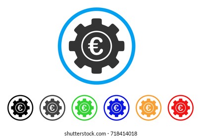 Euro Development Gear rounded icon. Style is a flat euro development gear gray symbol inside light blue circle with black, gray, green, blue, red, orange color versions.