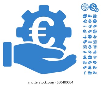 Euro Development Service Hand icon with free bonus pictograph collection. Vector illustration style is flat iconic symbols, cobalt color, white background.