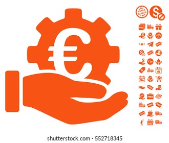 Euro Development Service Hand icon with free bonus pictograms. Vector illustration style is flat iconic symbols, orange color, white background.