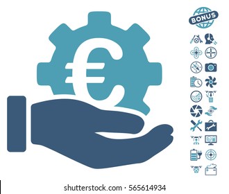 Euro Development Service Hand icon with bonus flying drone service design elements. Vector illustration style is flat iconic cyan and blue symbols on white background.