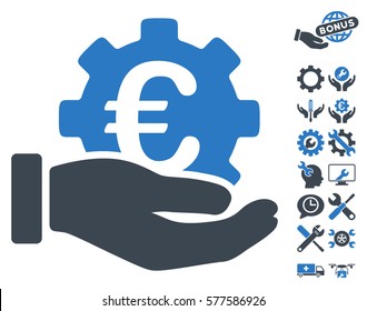 Euro Development Service Hand icon with bonus options clip art. Vector illustration style is flat iconic smooth blue symbols on white background.