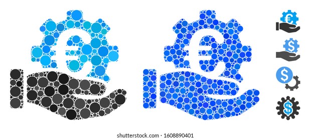 Euro development service hand mosaic of round dots in various sizes and color tinges, based on Euro development service hand icon. Vector round dots are grouped into blue mosaic.