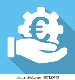 Euro Development Service long shadow vector icon. Style is a white flat symbol on a light-blue square background.