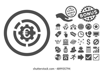 Euro Diagram Options icon with bonus icon set. Vector illustration style is flat iconic symbols, gray color, white background.