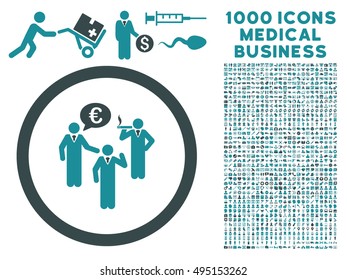 Euro Discuss Persons icon with 1000 medical commerce soft blue vector design elements. Set style is flat bicolor symbols, white background.