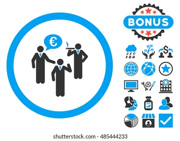 Euro Discuss Persons icon with bonus symbols. Vector illustration style is flat iconic bicolor symbols, blue and gray colors, white background.