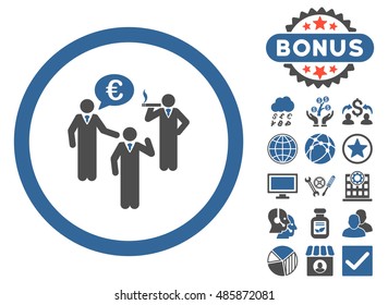 Euro Discuss Persons icon with bonus images. Vector illustration style is flat iconic bicolor symbols, cobalt and gray colors, white background.