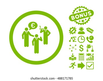 Euro Discuss Persons icon with bonus symbols. Vector illustration style is flat iconic symbols, eco green color, white background.