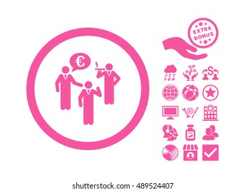 Euro Discuss Persons icon with bonus pictures. Vector illustration style is flat iconic symbols, pink color, white background.