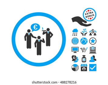 Euro Discuss Persons pictograph with bonus images. Vector illustration style is flat iconic bicolor symbols, blue and gray colors, white background.