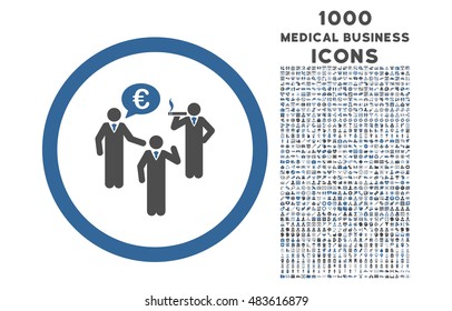 Euro Discuss Persons rounded vector bicolor icon with 1000 medical business icons. Set style is flat pictograms, cobalt and gray colors, white background.